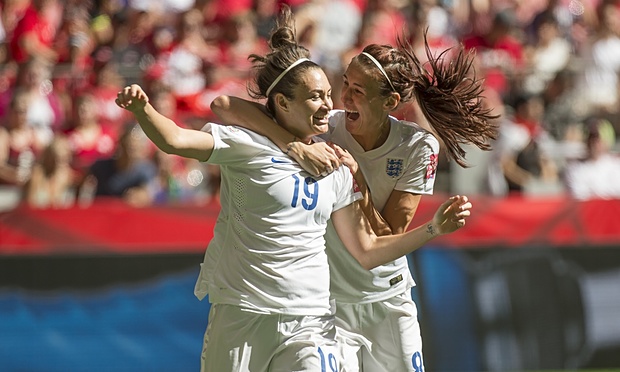 Jodie Taylor and Jill Scott celebrating the first goal in the 2015 World Cup. Image courtesy of theguardian.com
