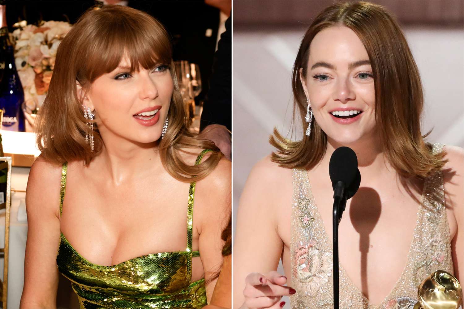 Taylor Swift (left) and Emma Stone (Right) attending the Golden Globes 2024 ceremony. 