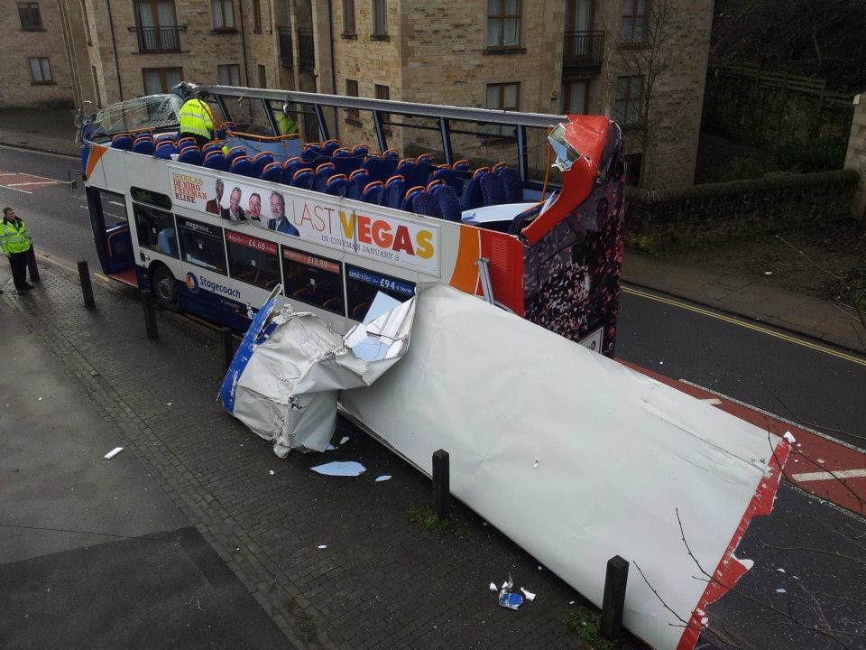 Stagecoach bus collides with footbridge in city centre